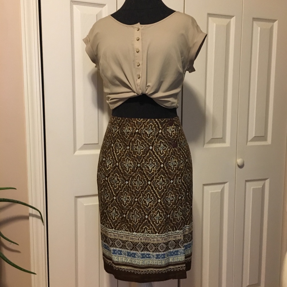Midi Wrap Skirt in Tan Brown Blue Earthen Patterns